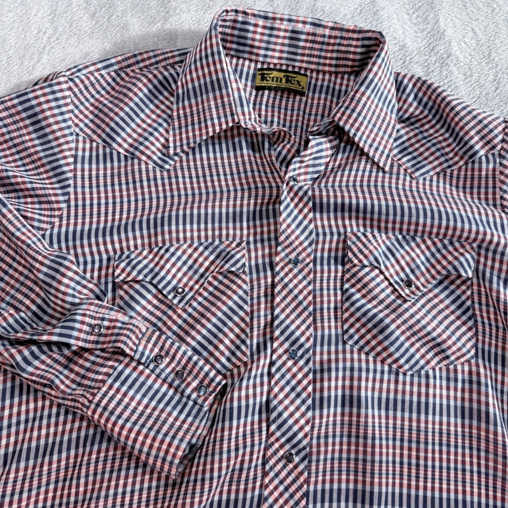Vintage Tem Tex Mens Plaid Pearl Snap Western Shirt Red Blue White Size‎ M READ